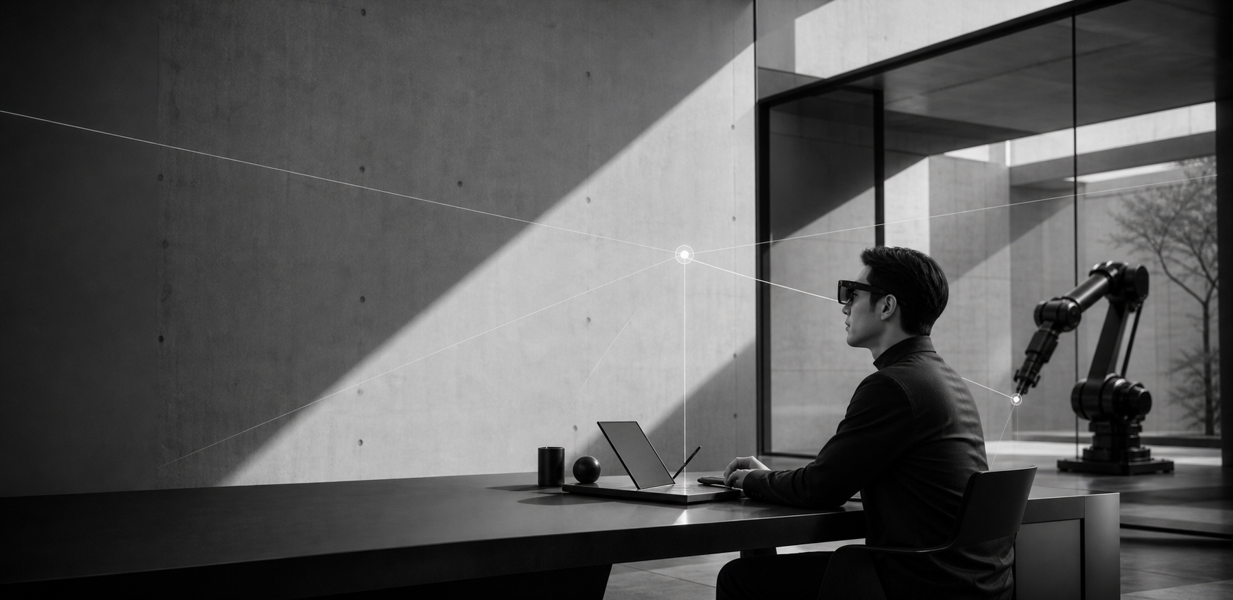 A researcher wearing smart glasses in a spatial computing studio with a collaborative robot